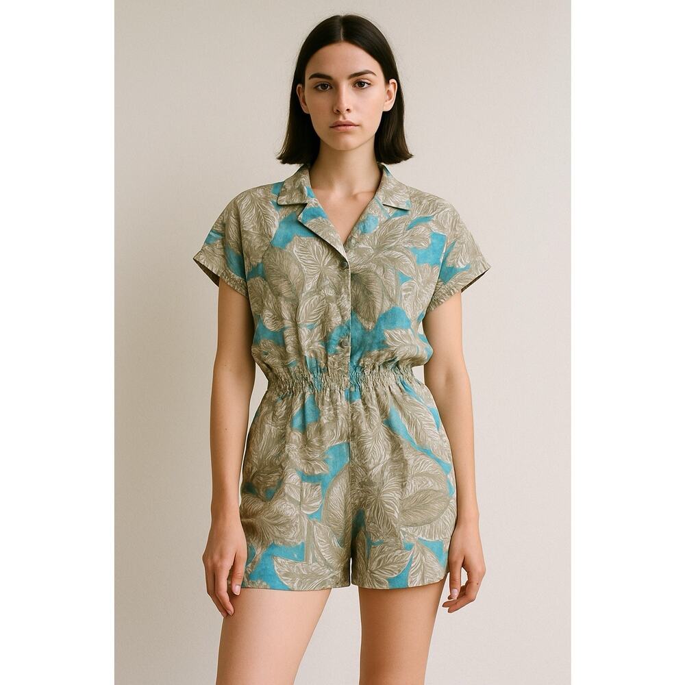 VTG French Navy 80s Floral Romper Elastic Waist Tropical Cottagecore Resort S